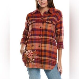 JOHNNY WAS Ananke Plaid Embroidered Shirt Jacket Oranges Size Medium NWT